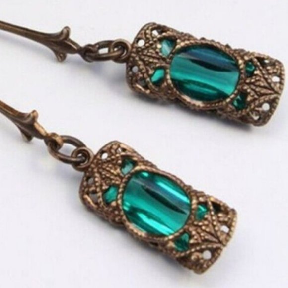 Antique Gold Zircon Inlay Drop Earrings - Picture 2 of 3